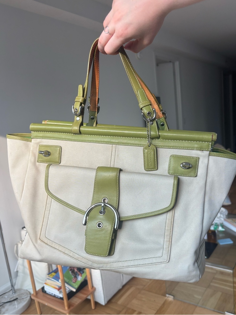 Coach Canvas and Olive Green Leather Tote Bag - Picture 2 of 6